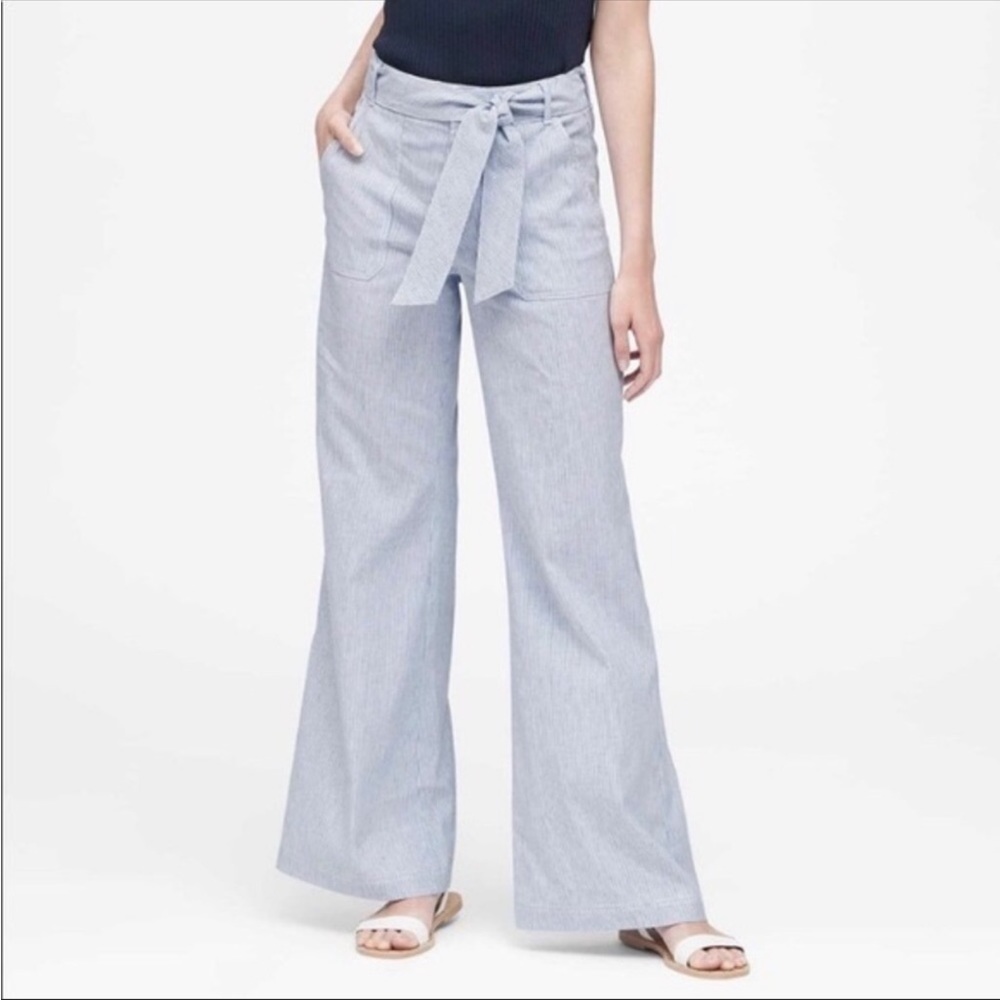 Striped linen high waisted flare pants